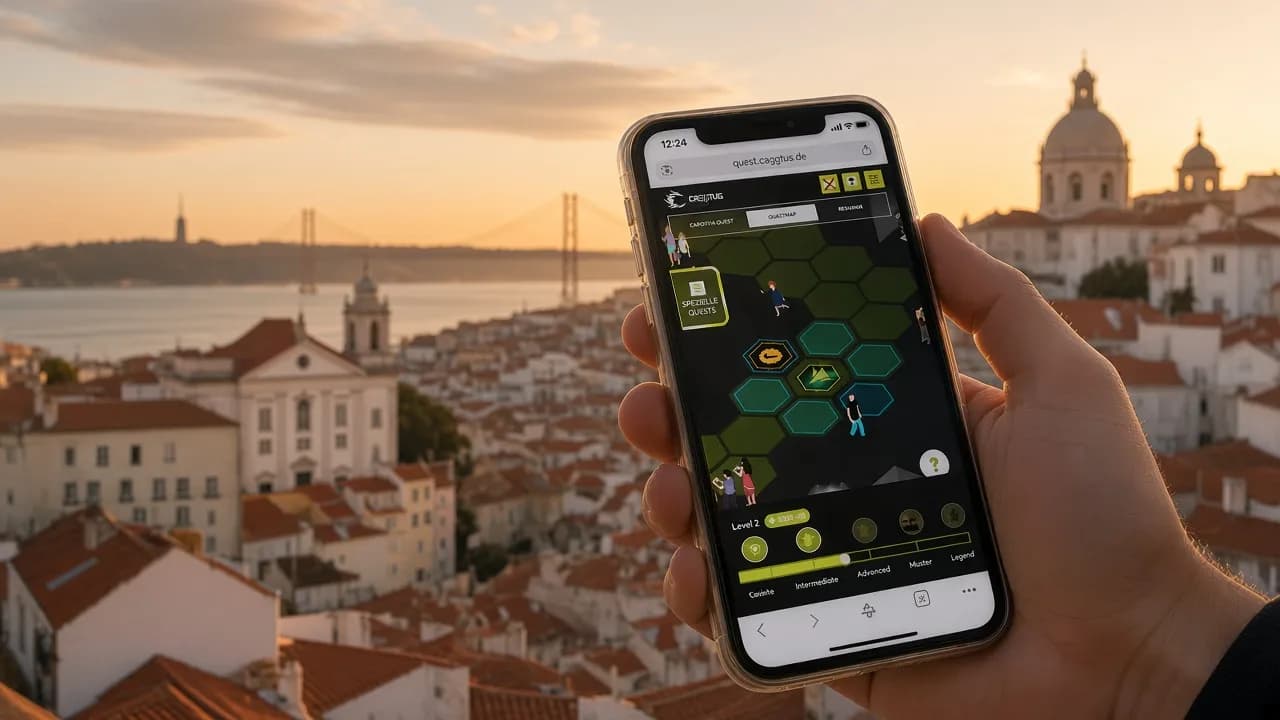 Hand holding a phone over Lisbon at sunset, with the Conquestador quest map on screen